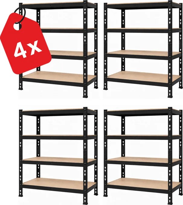 Akcia 4x Regál 180x160x50 cm profesionálny 4-policový, nosnosť 1600 kg - čierny - 4ks