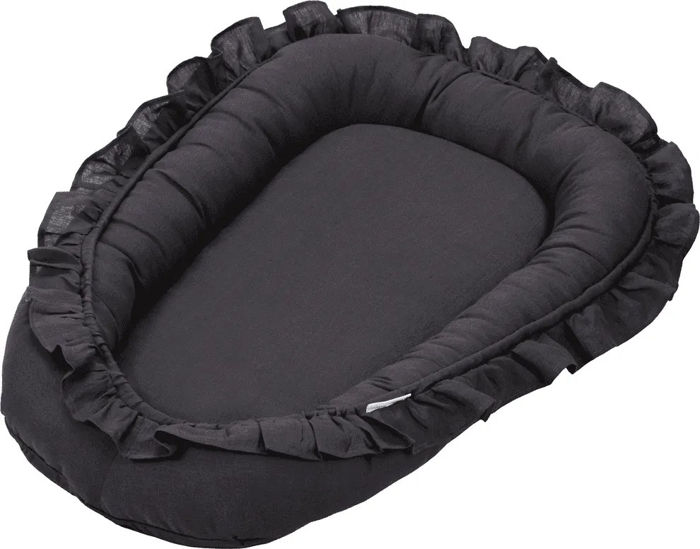 Ľanové hniezdo pre bábätko s volánom grafitová