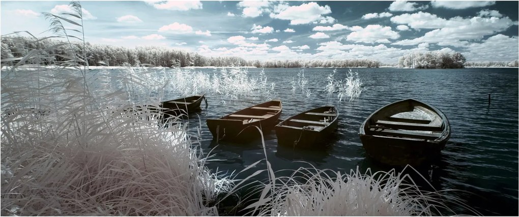 Obraz - Drevené loďky na jazere (120x50 cm)