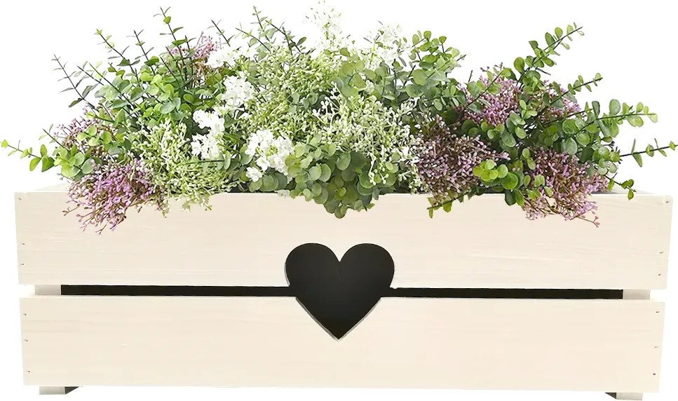 AMADEA Drevený obal na kvetináč so srdcom biely, 52x21,5x17cm Český výrobok