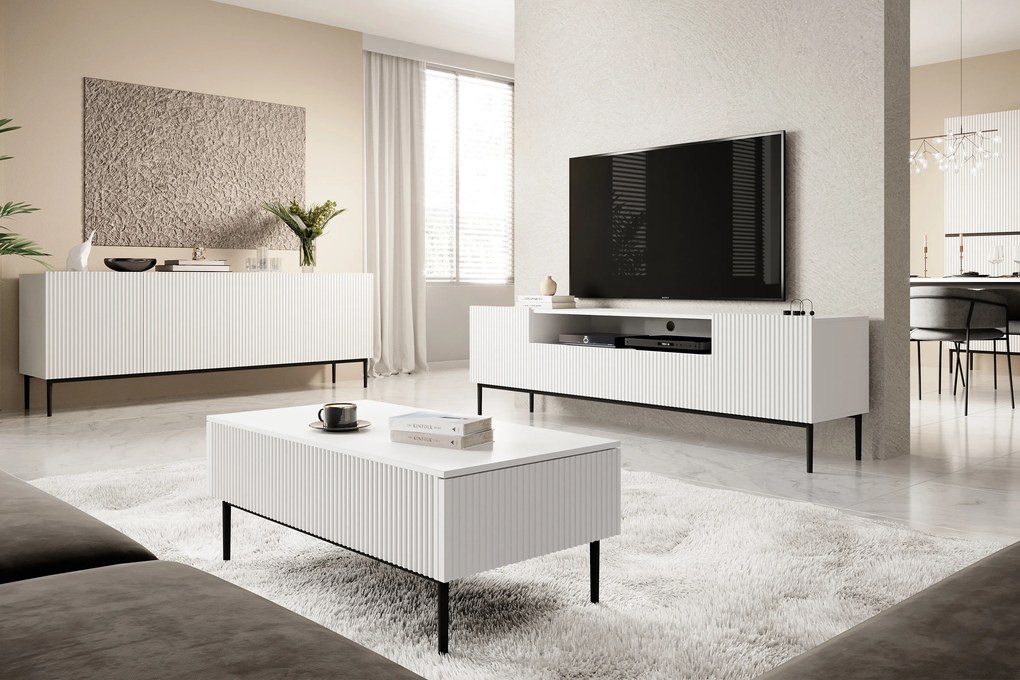 TV stolík Nicole 200 cm s otvorenou policou - biely mat / čierne nožičky