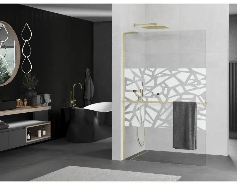 Mexen Kioto+ L, sprchová zástena Walk-In s poličkou a vešiakom 120 x 200 cm, 8mm číre sklo biely vzor, zlatý matný profil, 800-120-123-55-85