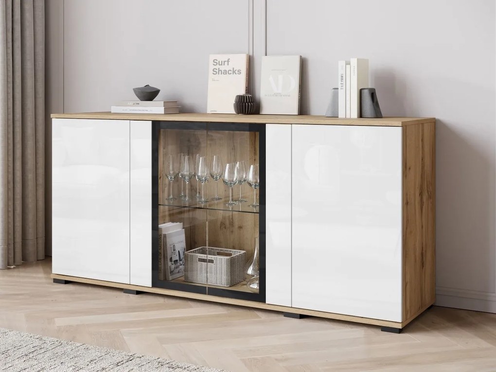 Komoda s dvierkami Hedvis SB 154 4D, Farby: čierna, Osvetlenie: osvetlenie LED biele