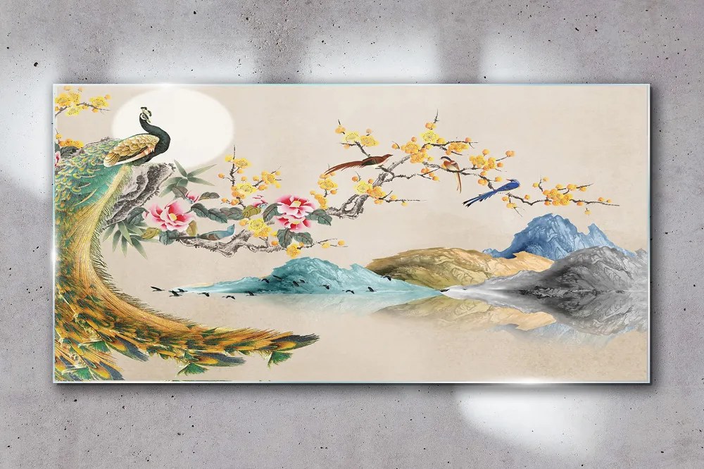 Skleneny obraz Abstrakcia hory páv kvety