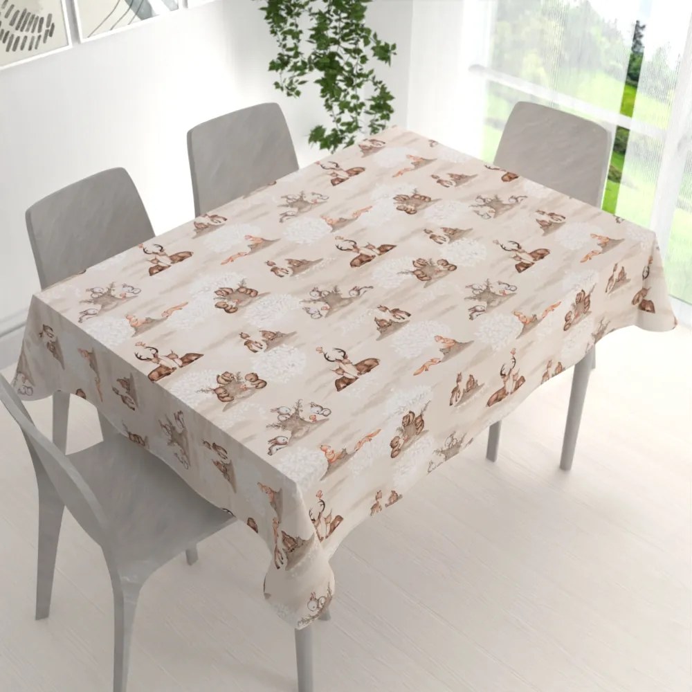 Biante Detský bavlnený obdĺžnikový obrus Sandra SA-698 Hnedé lesné zvieratká na béžovom 80x120 cm