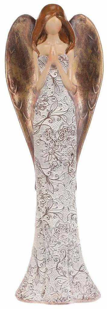 Polyresinový anjel s kvetinovými šatami, béžovo-medená