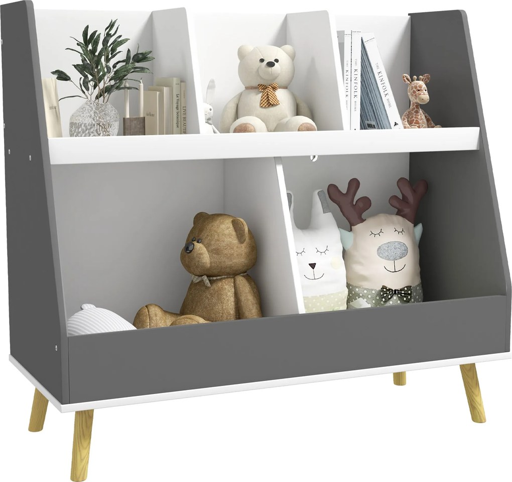 HOMCOM 2-podlažný detský regál na knihy, úložný vozík na hračky s 5 priehradkami a proti prevrhnutiu, 80x34x72,5cm, šedý | Aosom