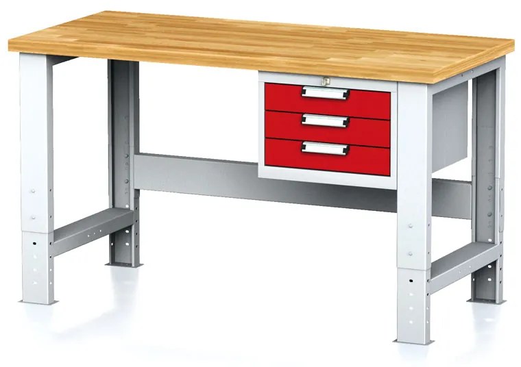 Alfa 3 Nastaviteľný dielenský stôl MECHANIC I, závesný box na náradie, 3 zásuvky, 1500x685x700-1055 mm, červené dvere