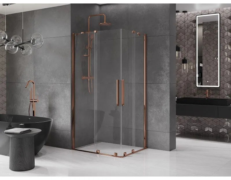 Mexen Velar Duo, sprchový kút s posuvnými dverami 90(dvere) x 80(dvere) cm, 8mm číre sklo, ružové zlato profil, 871-090-080-02-60