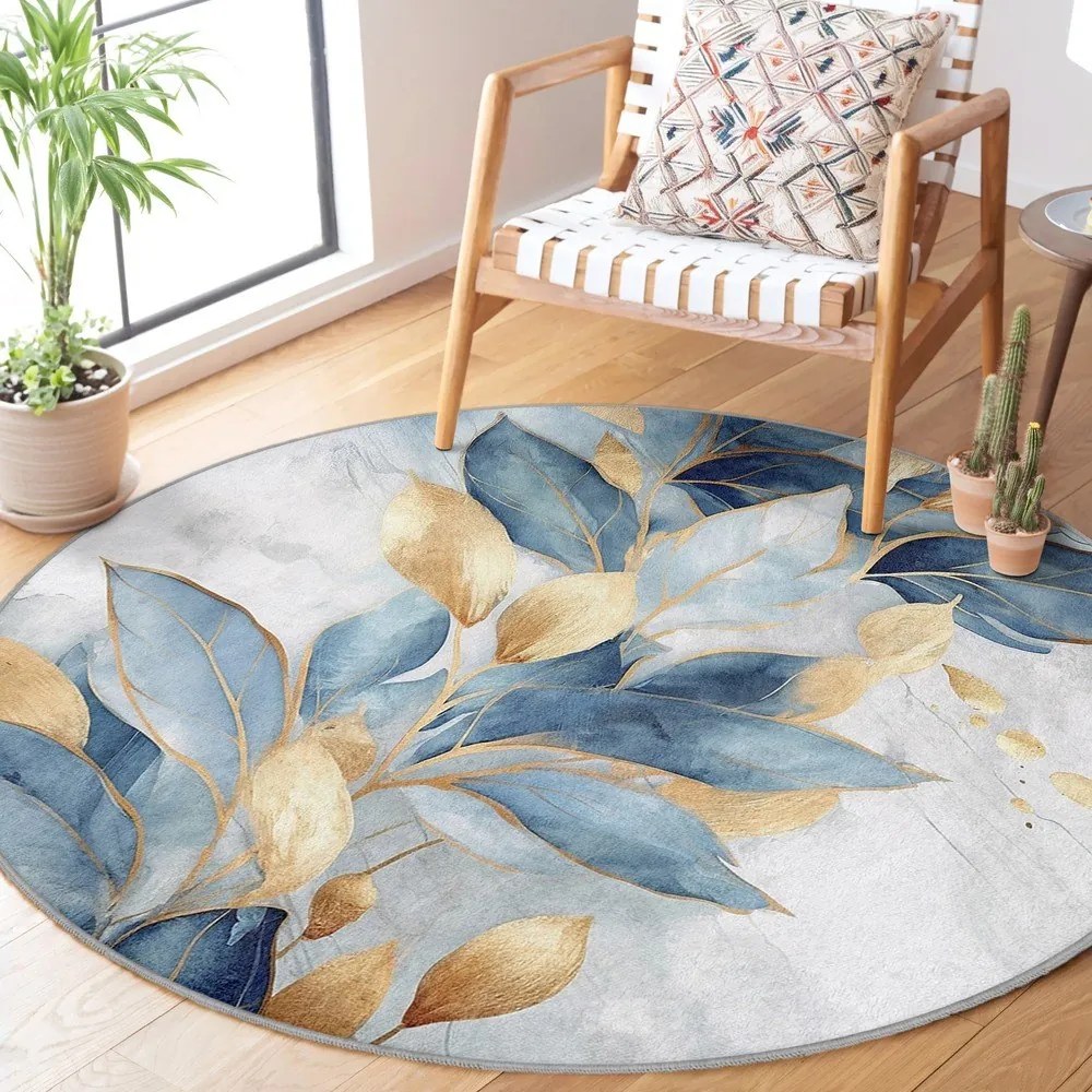 Prateľný okrúhly koberec v modrej a zlatej farbe ø 80 cm Golden Leaves – Mila Home