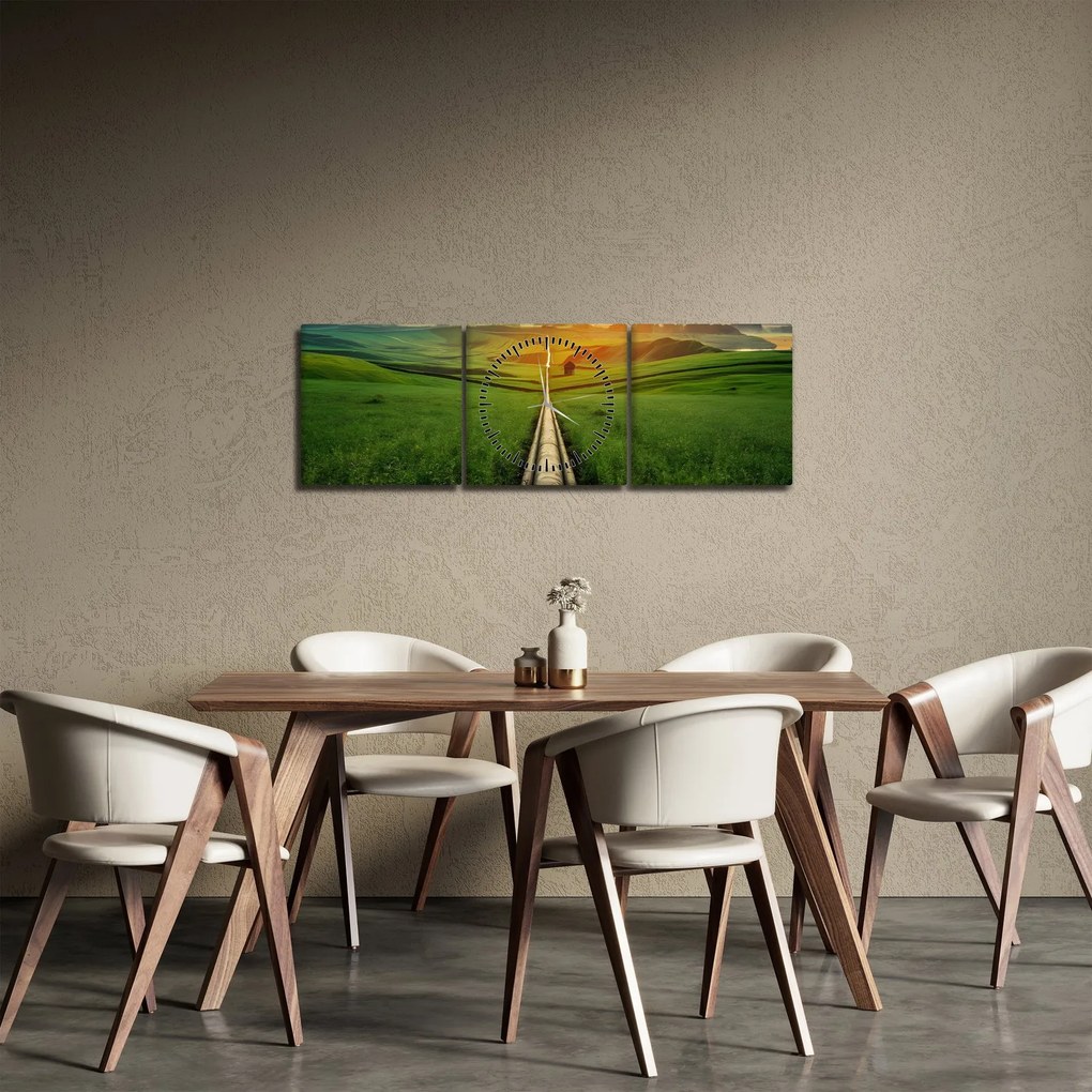 Obraz - Východ slnka nad údolím (s hodinami) (90x30 cm)