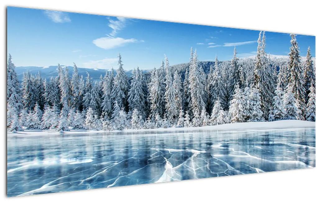 Obraz zamrznutého jazera a zasnežených stromov (120x50 cm)