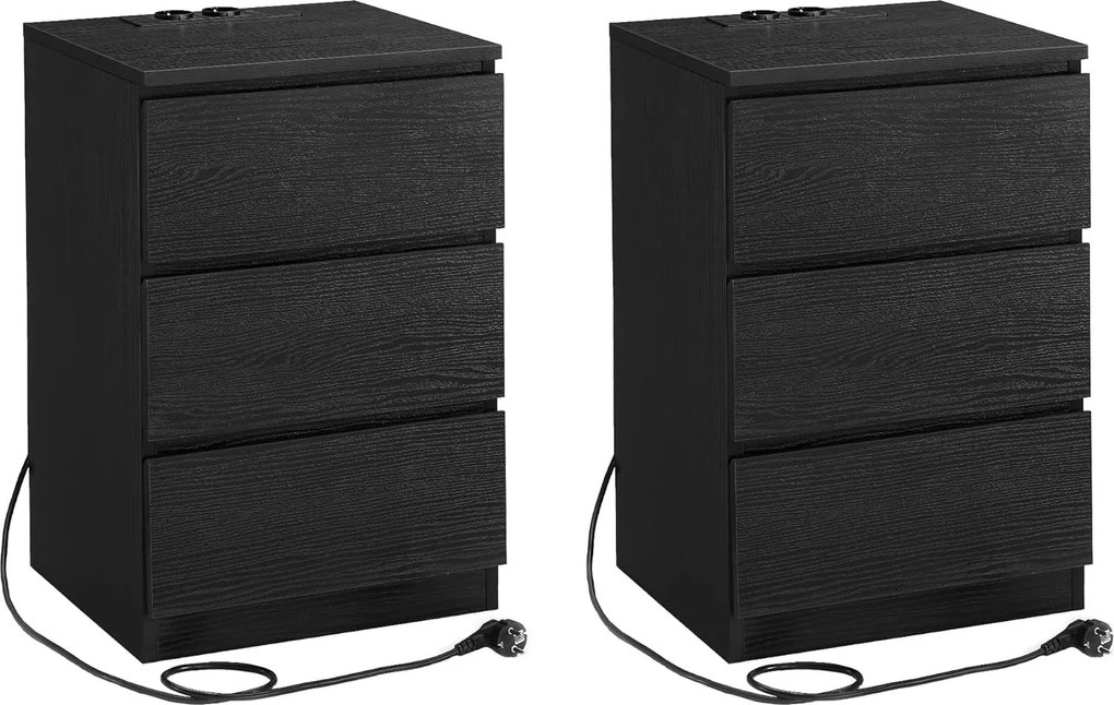 Sada 2 nočných stolíkov, 3 zásuvky, 2 AC zásuvky, 2 USB porty, čierne