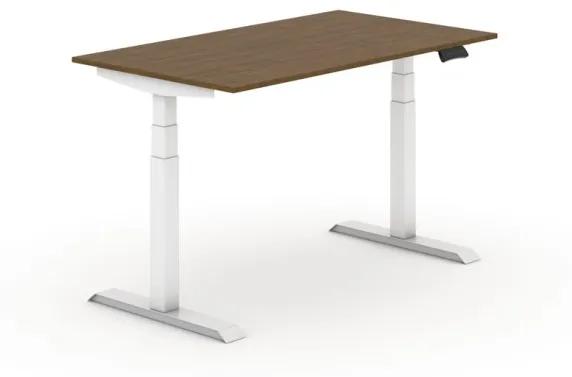 Výškovo nastaviteľný stôl, elektrický, 625-1275 mm, doska 1400x800 mm, orech, biela podnož