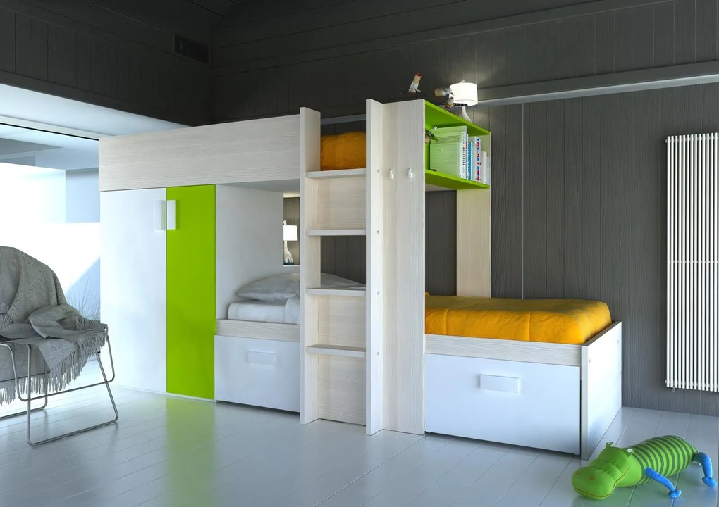 Poschodová posteľ pre dve deti BO3 - bielená borovica, zelená