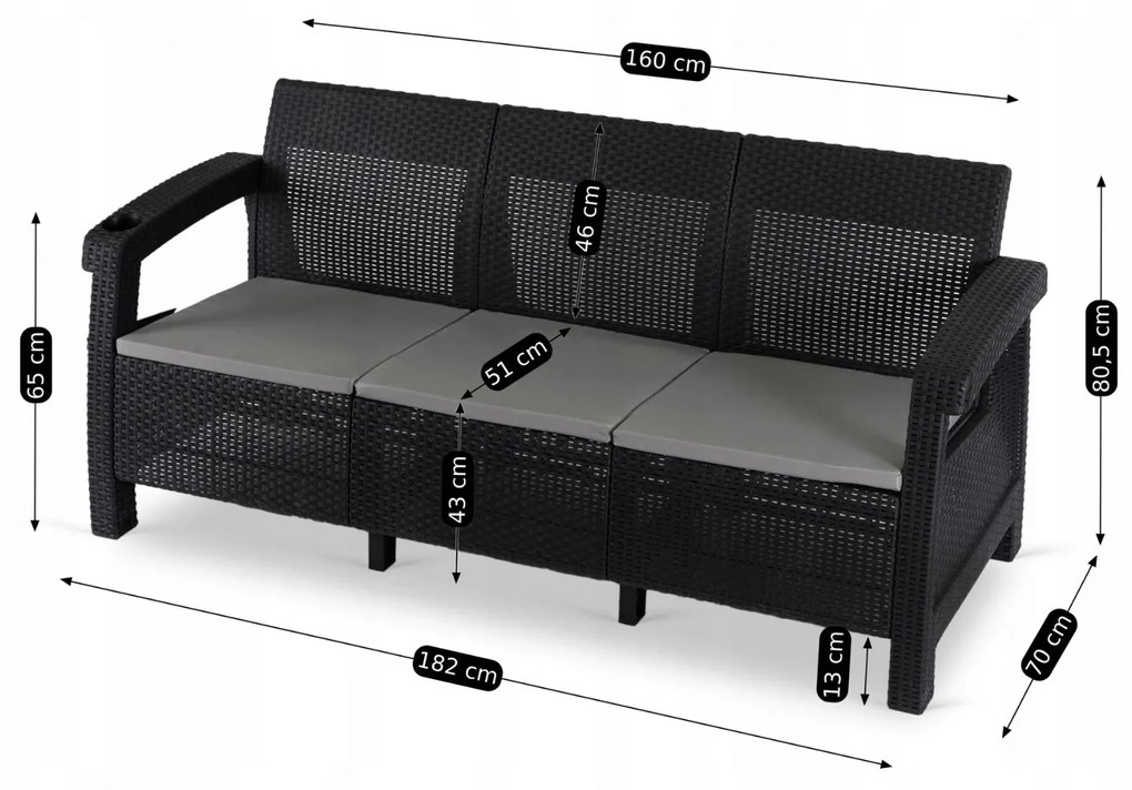 Záhradná pohovka Flint 182 cm z umelého ratanu čierna/sivá