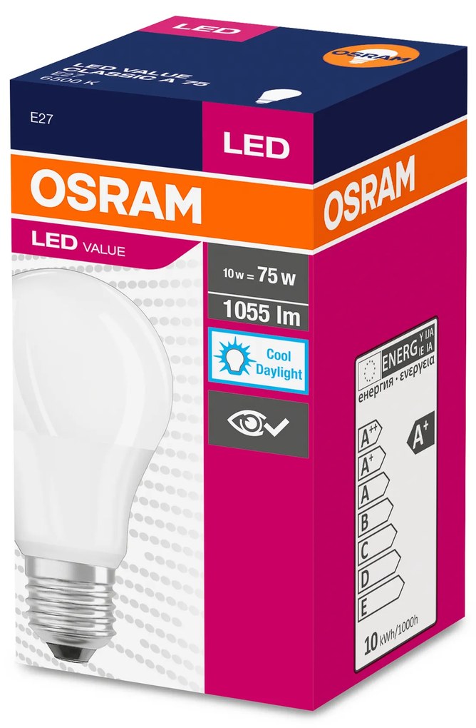 OSRAM LED žiarovka VALUE, E27, A75, 10W, 1055lm, 6500K, studená biela