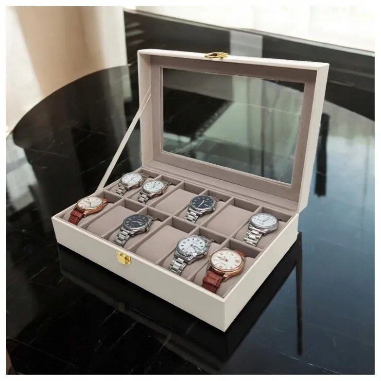 eCarla Organizér na hodinky, box, puzdro na 12ks hodiniek, ekokoža, biela