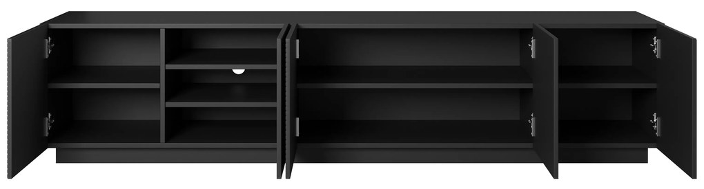 TV stolík Asha 200 cm s ryhovaným čelom - čierny mat