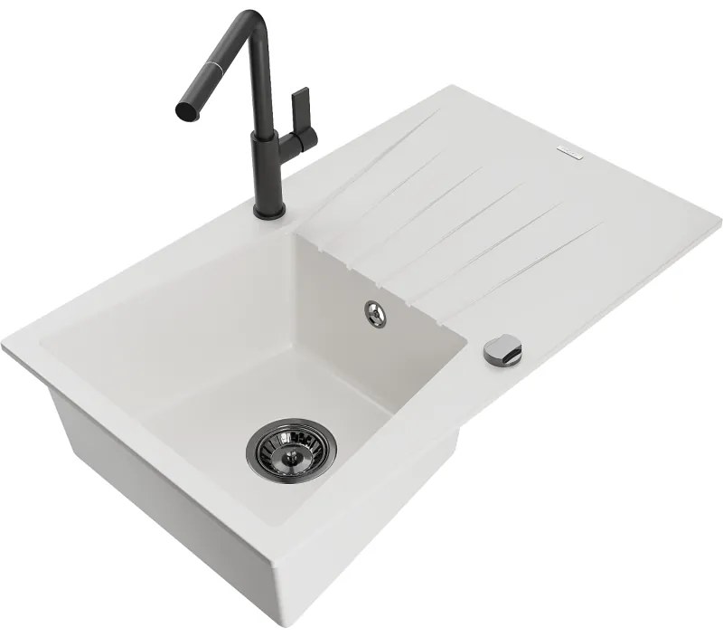 Mexen Cesar, 1-komorový granitový drez 775x470x190 mm a drezová batéria Flora, biela, 6514-20-670401-70-B