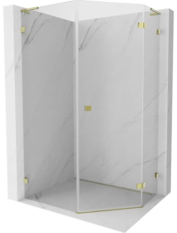 Mexen Lunar, L pravý výklopný päťuholníkový sprchový kút 80 x 100 cm, 8mm číre sklo, zlatý profil, 831L-080P-100L-50-00-P