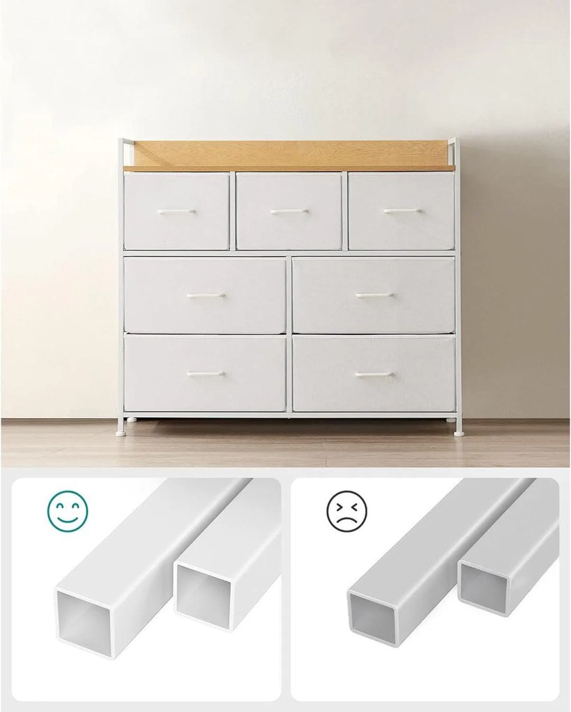 Komoda so 7 látkovými zásuvkami, kovový rám, farba dub a biela