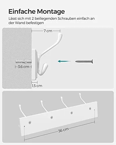 Nástenný vešiak so 4 trojháčikmi, biely, 11x40x7cm