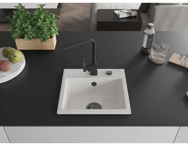 Mexen Milo, 1-komorový granitový drez 435x410x171 mm a čierna batéria Rita, biela, 6505-20-670300-70