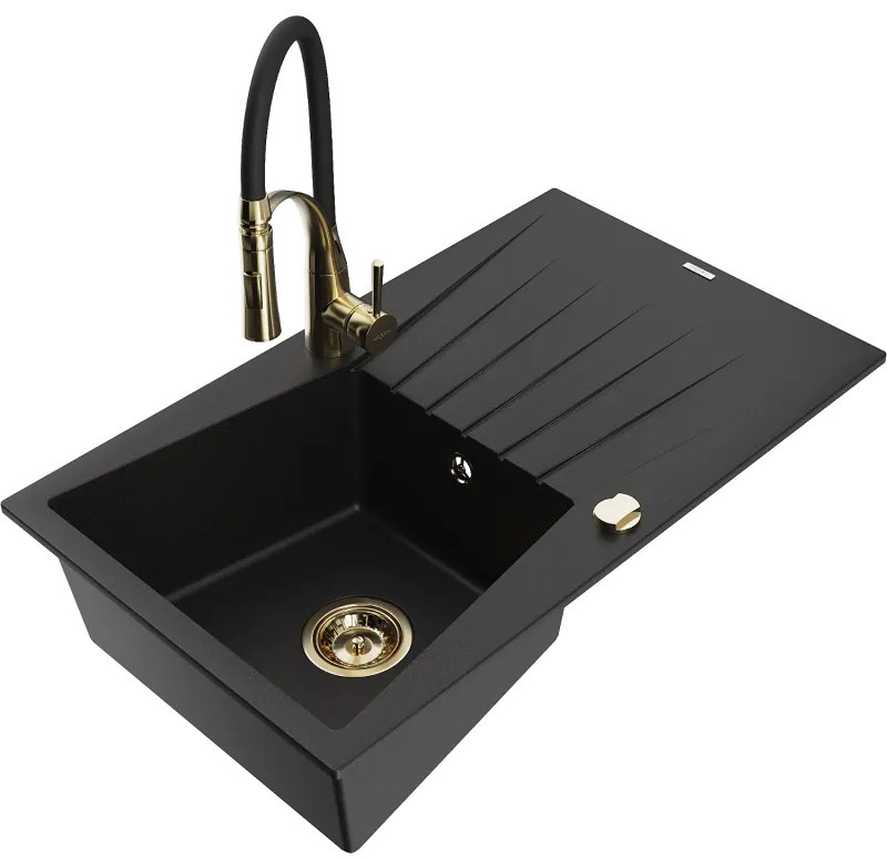 Mexen Cesar, 1-komorový granitový drez 775x470x190 mm a drezová batéria Aster, čierna, 6514-77-73450-57-G