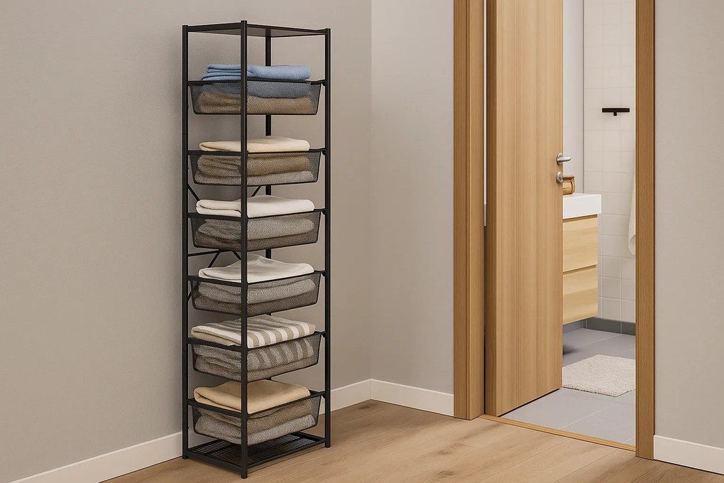 Otvorený košový regál, 6x koš s jemným sitom, TYP V, 600 × 460 × 2020 mm, čierna