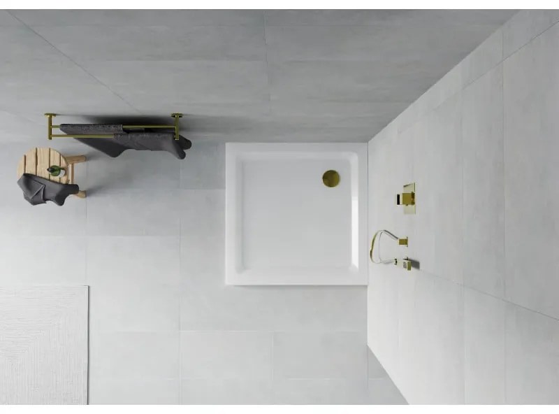 Mexen SLIM - Štvorcová sprchová vanička 80x80x5cm + zlatý sifón, biela, 40108080G