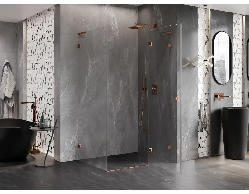 Mexen Lunar L, pravý výklopný sprchový kút 85 x 90 cm, 8mm číre sklo, ružové zlato profil, 834L-085-090-60-00-P