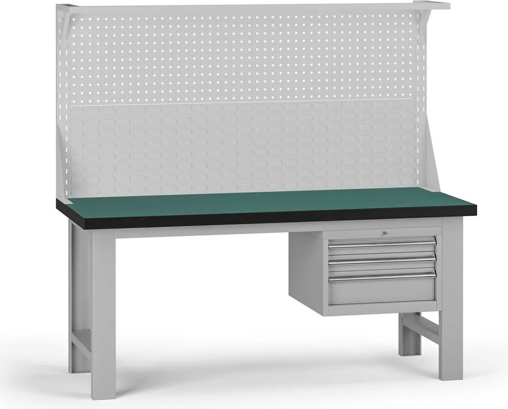 Pracovný stôl do dielne G8 s nadstavbou, 1800 x 750 x 800 mm, 1x kontejner, 3 zásuvky, sivá
