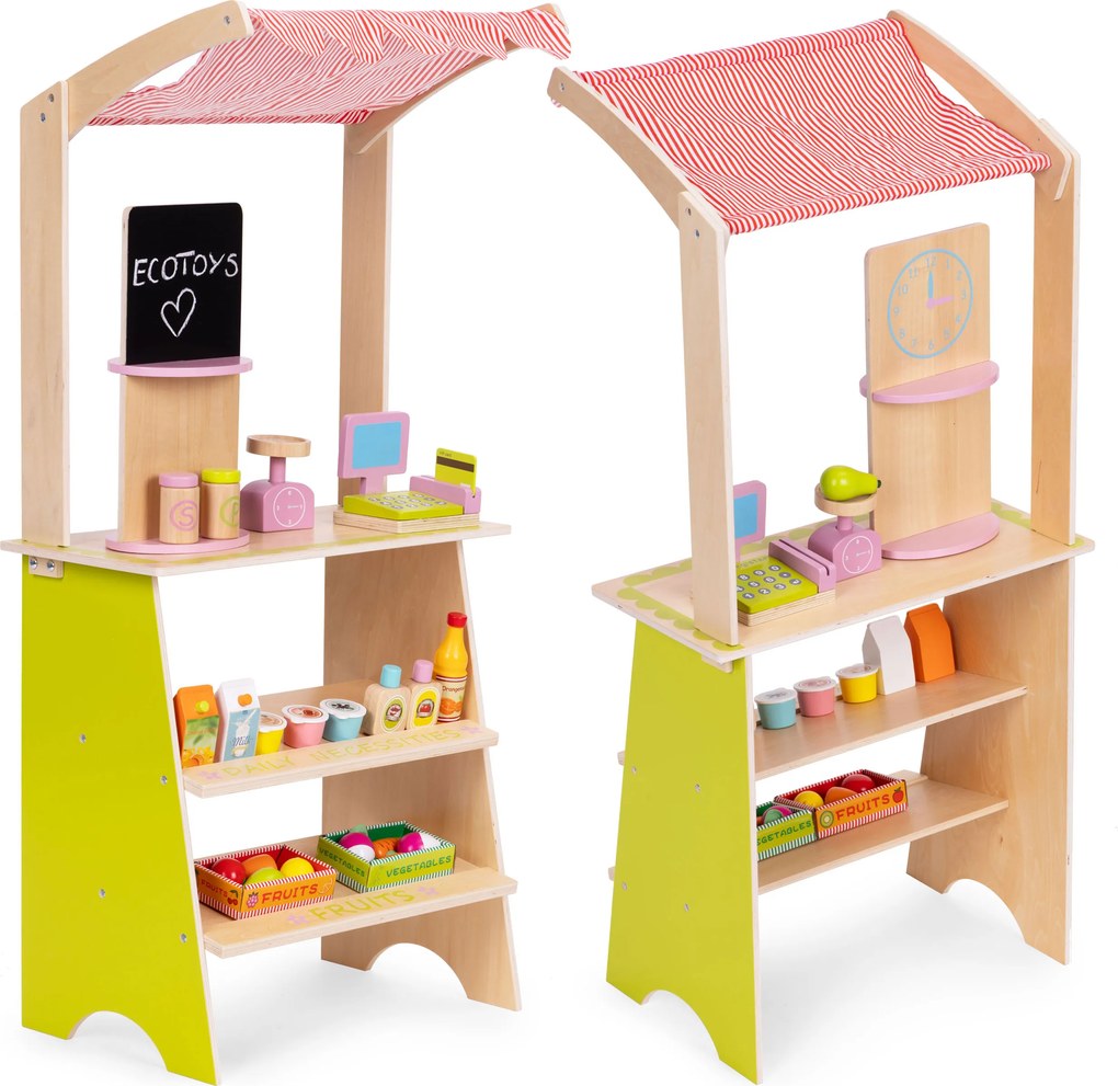 ECOTOYS Drevený detský trh s pokladňou, váhou a 20 dielmi