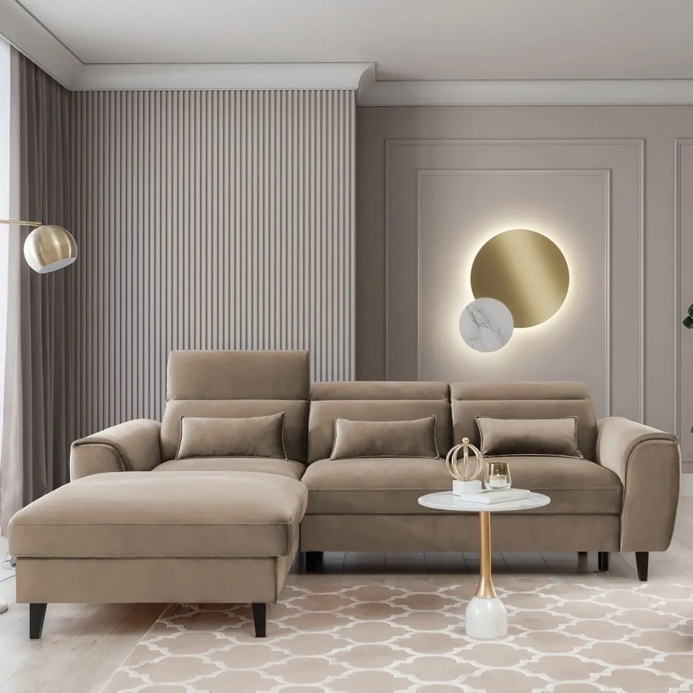 Svetlohnedá zamatová rozkladacia/s úložným priestorom rohová pohovka (ľavý roh/s leňoškou) Foble – ELTAP