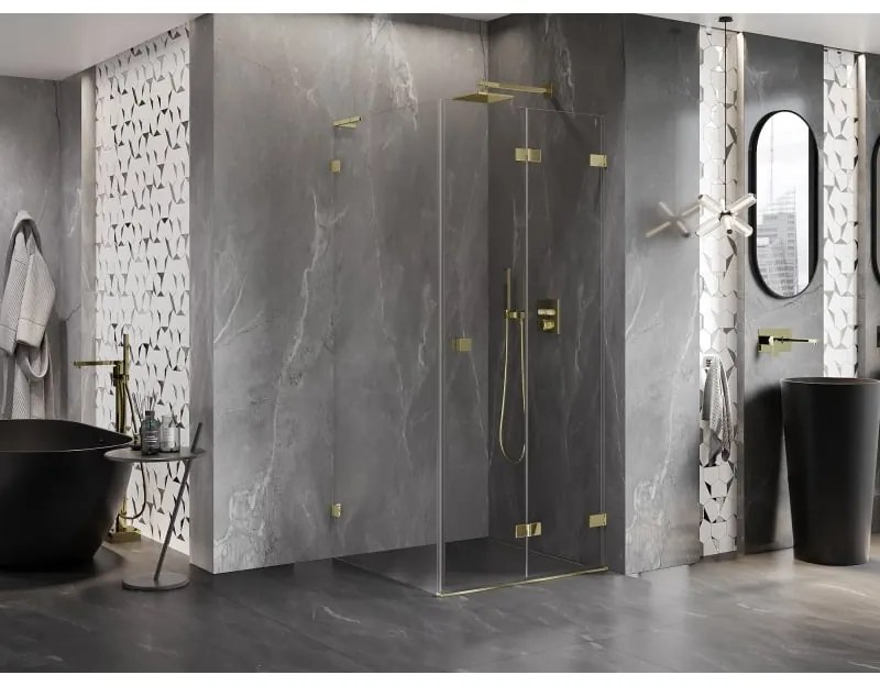 Mexen Lunar-F L, sklápací sprchový kút pravý 90 x 90 cm, 8mm číre sklo, zlatý profil, 836L-090-090-50-00-P
