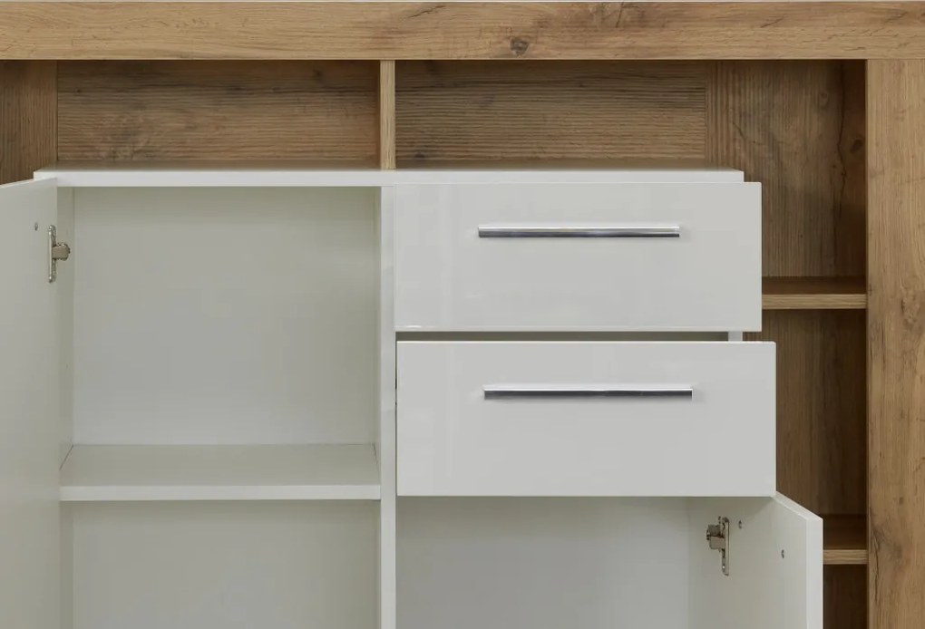 Vysoká komoda Rock, 121 cm, dub Wotan / biely lesk