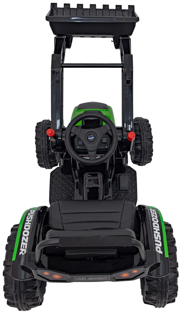 Zelený detský traktorový bager na batérie + pohyblivé rameno + diaľkové ovládanie + pomalý štart + FM rádio + LED