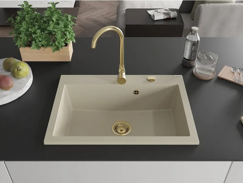 Mexen Elix kuchynský drez z granitu, 1-komorový, 700 x 500 mm, béžový, zlatý sifón - 6526701005-69-G