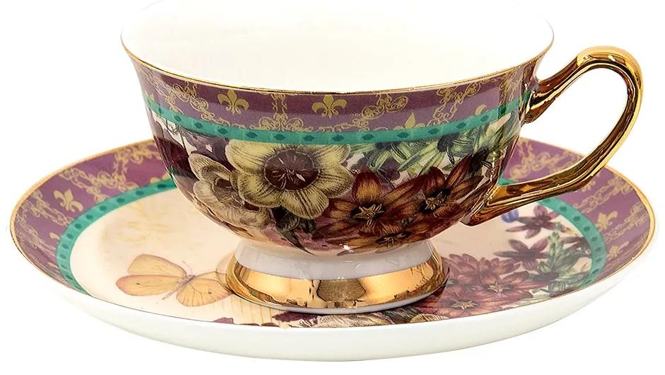 Porcelánová šálka s tanierikom s kvetmi a motýlikami - 12*10*6 cm / Ø 15*2 cm / 200 ml / Ř 15*2 cm / 200 ml