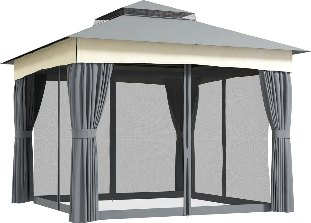 Pavilón Outsunny s dvojitou strechou, 3x3 m, vodoodolný, stabilný a zimný pavilón pre záhradu s moskytiérou a bočnými panelmi, tmavošedý | Aosom
