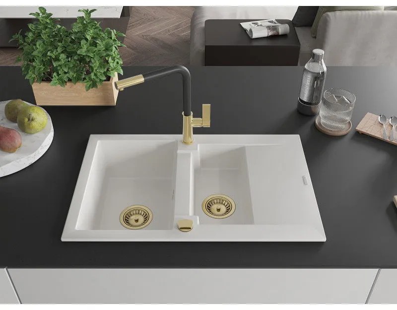Mexen Gaspar, 1,5-komorový granitový drez 737x475x177 mm a drezová batéria Flora, biela, 6507-20-670401-57-G