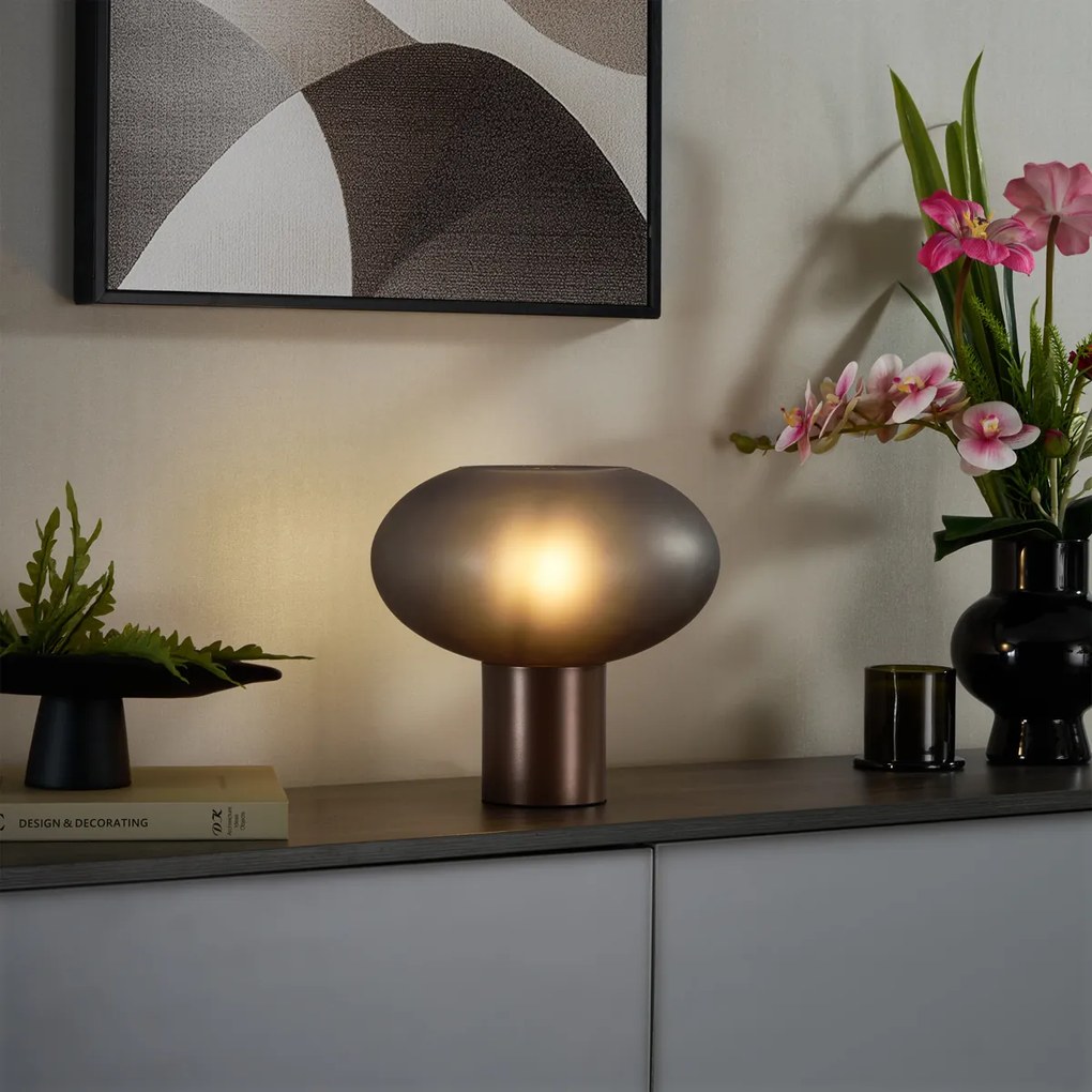 Dizajnová stolná lampa bronzová s matným sivým sklom - Umbrella