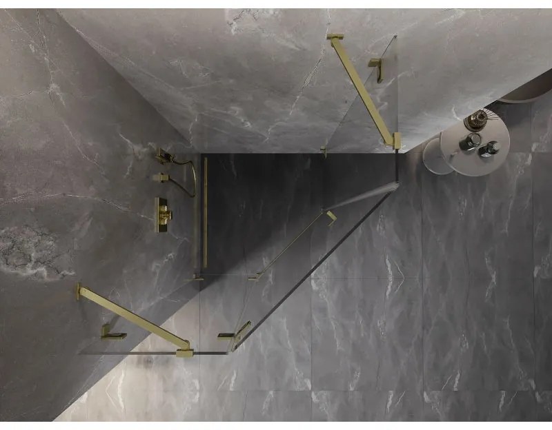 Mexen Lunar, päťuholníkový sprchový kút s ľavým sklonom 90 x 90 cm, 8mm číre sklo, zlatý matný profil, 831-090L-090P-55-00-L