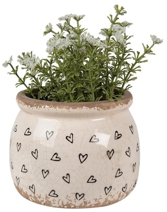 Béžový keramický obal na kvetináč so srdiečkami Hearti S - Ø 12*10 cm
