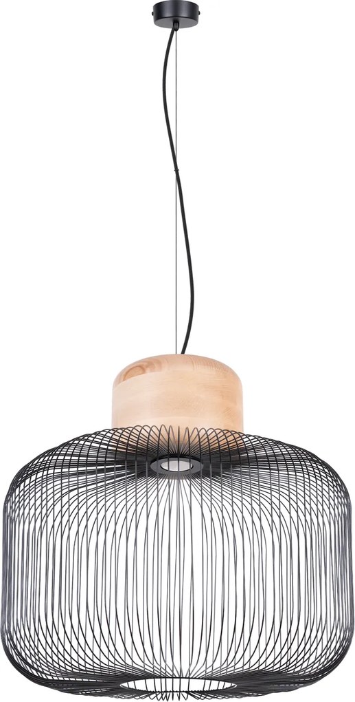 Závesné svietidlo Gabbia, 1x čierne drôtené tienidlo, drevo, (fi 55cm)