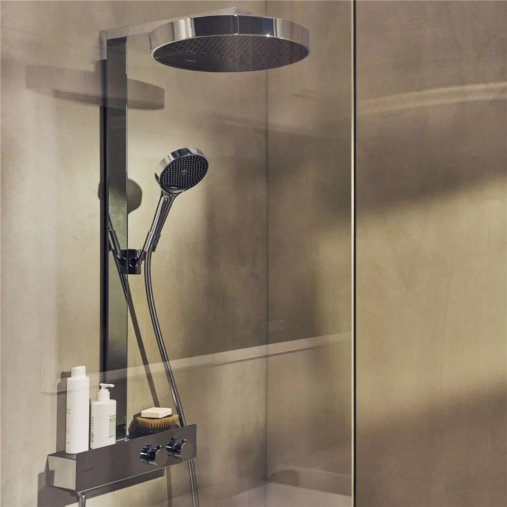HANSGROHE Rainfinity Showerpipe nástenný sprchový systém s termostatom ShowerTablet 350, horná sprcha 1jet priemer 360 mm, ručná sprcha 3jet, chróm, 26853000