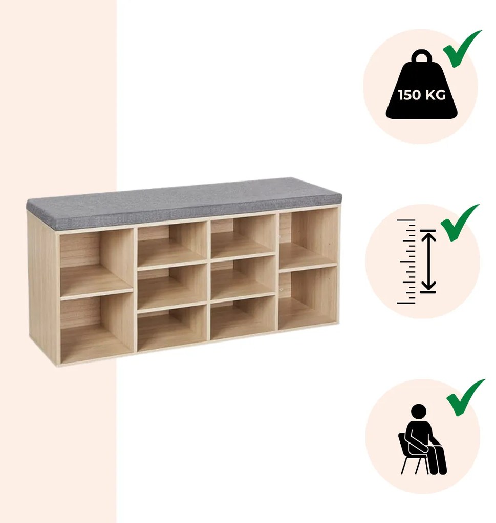 Botník s čalúnenou lavicou GABI, 10 priehradiek, 104x30x48cm, šedá/bledá hnedá Jurhan