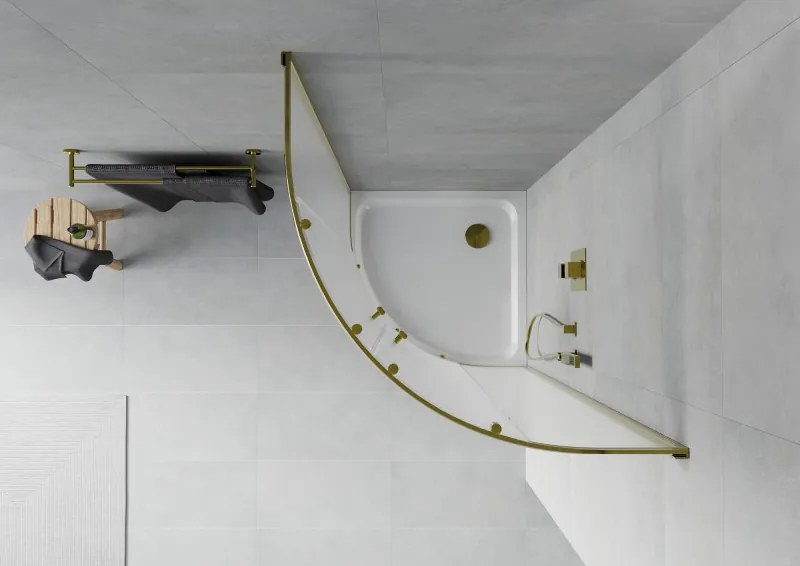 Mexen Rio, štvrťkruhový sprchovací kút s posuvnými dverami 90(dvere) x 90(dvere) x 190 cm, 6mm sklo námraza, zlatý profil + biela sprchová vanička SLIM, 863-090-090-50-30-4110G