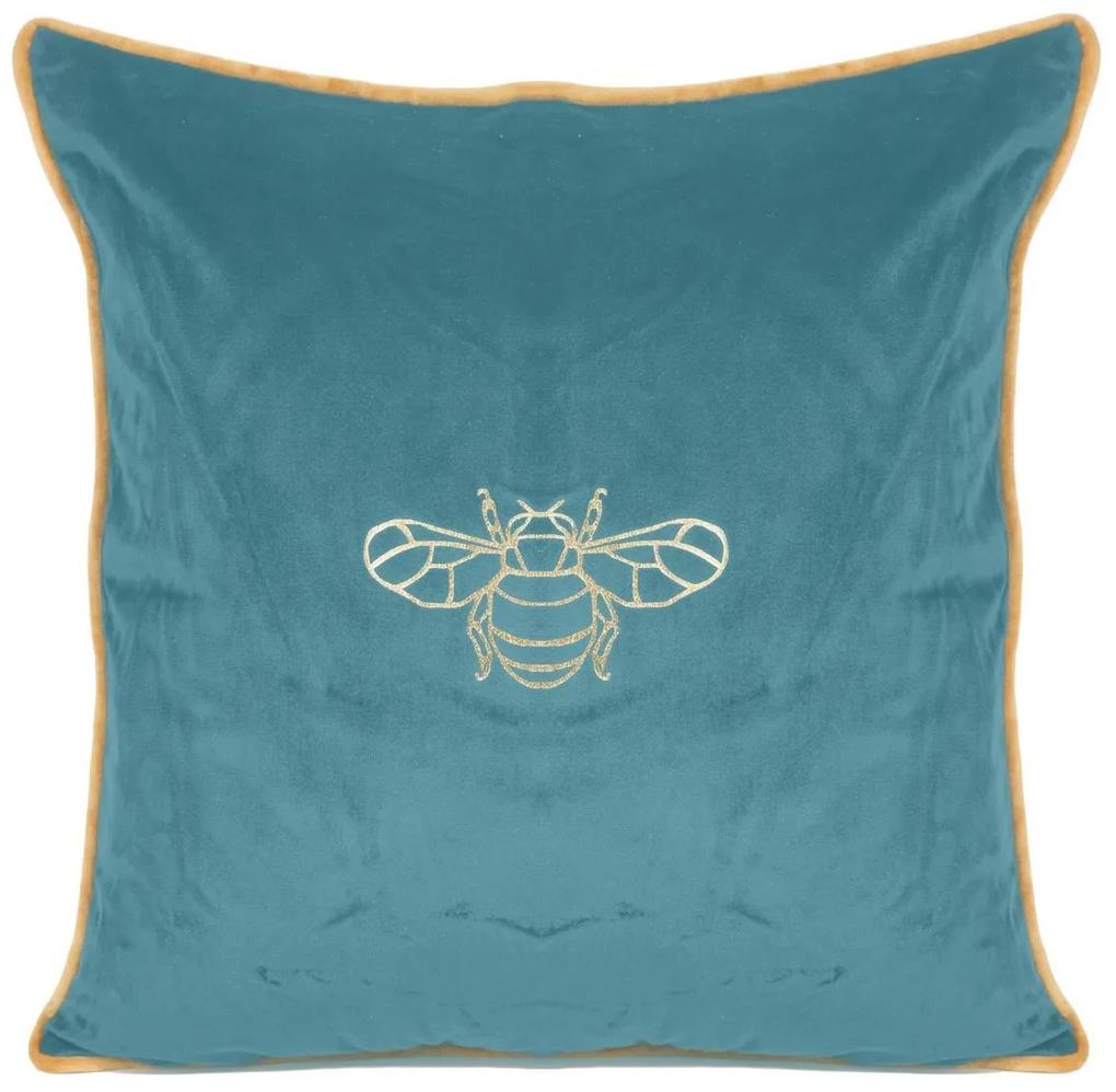 Tyrkysová obliečka na vankúš so zlatým vzorom včely 45 x 45 cm
